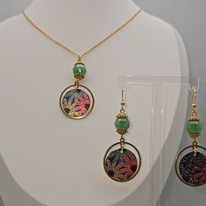 ✨2/$10✨ Gold Tone Green Round Jewelry Set Necklace Earrings Casual Match 19''